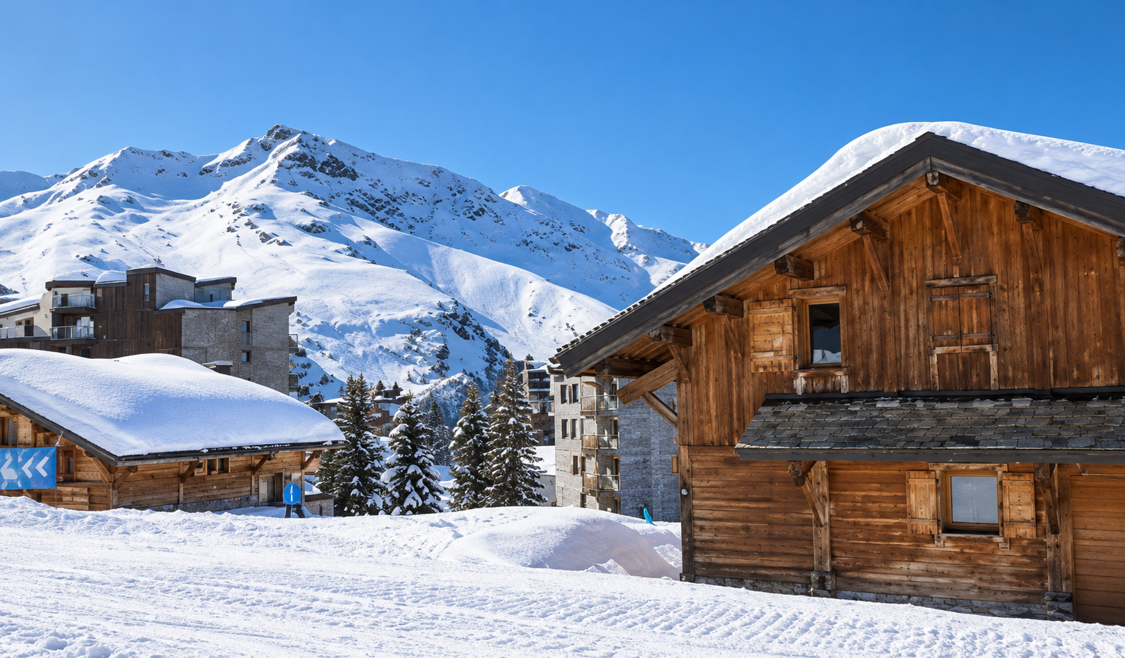 Chalet alpin sous la neige face aux sommets